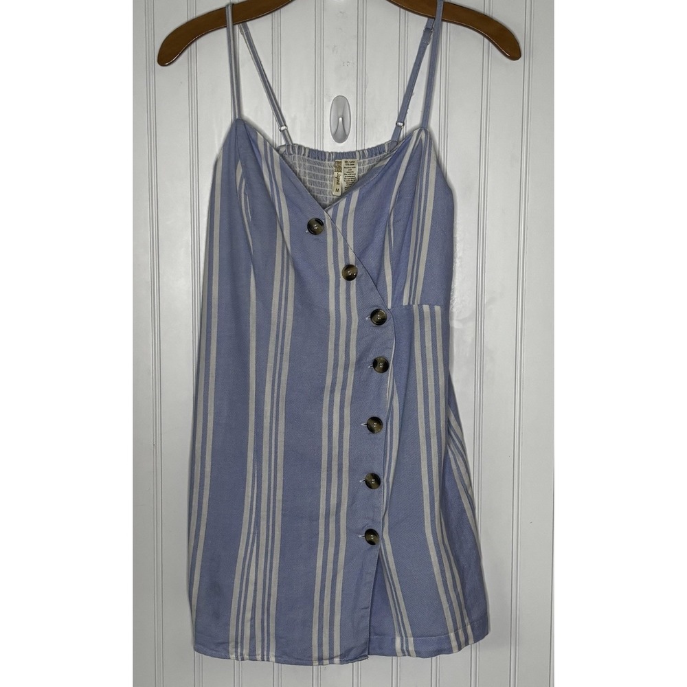 Japna Romper Med Blue White Striped Linen Cotton S/L Skort Button Front Nautical